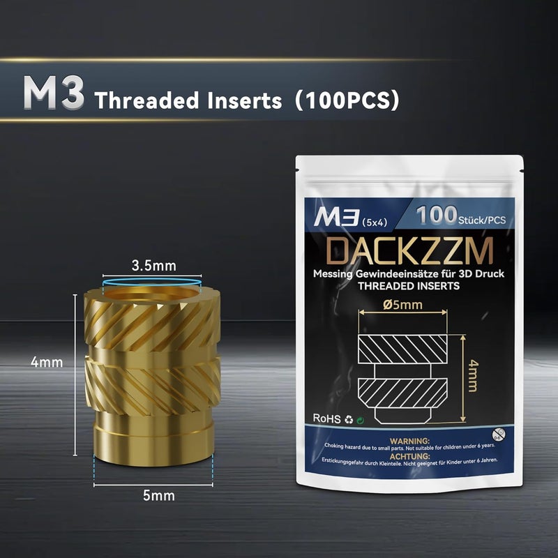 DACKZZM M3 Heat Set Insert, Threaded Inserts for Plastic and 3D Printing (100 Pieces), Brass Metric Knurled Nuts - Insert by Heat into Plastic Parts - Image 3